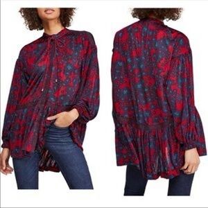Free People Love Letter Red and Blue Floral Blouse BNWT